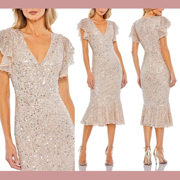 Mac Duggal Dresses & Skirts - NWT Mac Duggal [ 2 ] 10801 Sequined V-Neck Flutter Sleeve Dress‎ Nude